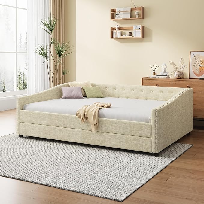 Full Size Daybed with Trundle Upholstered Day Bed frame with Button Tufted Backrest and Nailhead Decorated Armrest for Living Room Bedroom,No Box Spring Needed,Beige - LeafyLoom