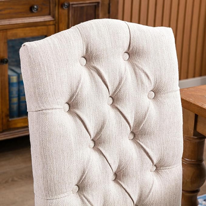 Stylish Upholstered Nailhead Trim and Sturdy Solid Wood Legs Parson Dining Chair, Set of 4, Beige - LeafyLoom