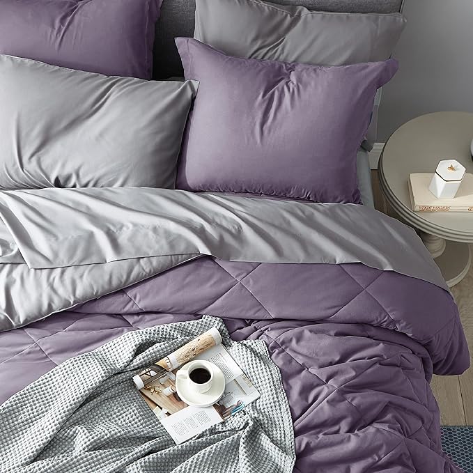 Bedsure Grayish Purple California King Size Comforter Set - 7 Pieces Reversible Cal King Bed in a Bag, Cal King Grayish Purple and Grey Bed Set with Comforters, Sheets, Pillowcases & Shams - LeafyLoom