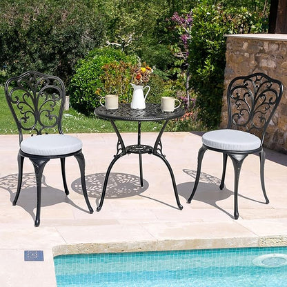 NUU GARDEN Bistro Set 3 Piece Outdoor All Weather Cast Aluminum Patio Bistro Set Patio Table and Chairs Set of 2 with Umbrella Hole and Gray Cushions for Backyard, Balcony, Lawn, Black - LeafyLoom