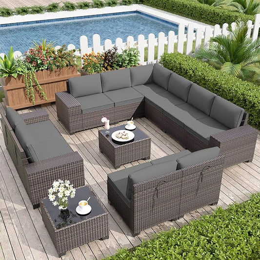 Patio Furniture Set Sofa 12-Pieces Wicker Sectional Sofa Set, Outdoor Furniture Rattan Patio Conversation Set with Thickened Cushions and Glass Coffee Table, Grey - LeafyLoom