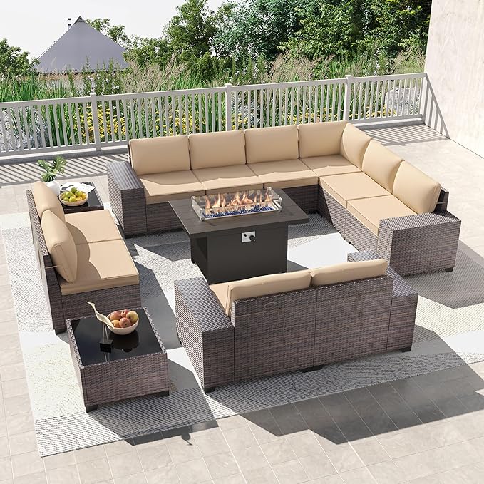 Kullavik 13PCS Outdoor Patio Furniture Set with 43" 55000BTU Gas Propane Fire Pit Table PE Wicker Rattan Sectional Sofa Patio Conversation Sets,Sand - LeafyLoom