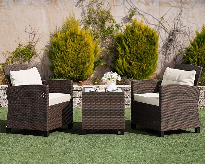 Shintenchi 3 Pieces Patio Furniture Set 3 Pieces PE Rattan Wicker Chairs with Table Outdoor Furniture for Backyard/Garden/Poolside/Outdoor Restaurant Brown Rattan with White Cushion - LeafyLoom