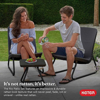 Keter Rio 3 Piece Resin Wicker Patio Furniture Set with Side Table and Outdoor Chairs, Dark Grey - LeafyLoom