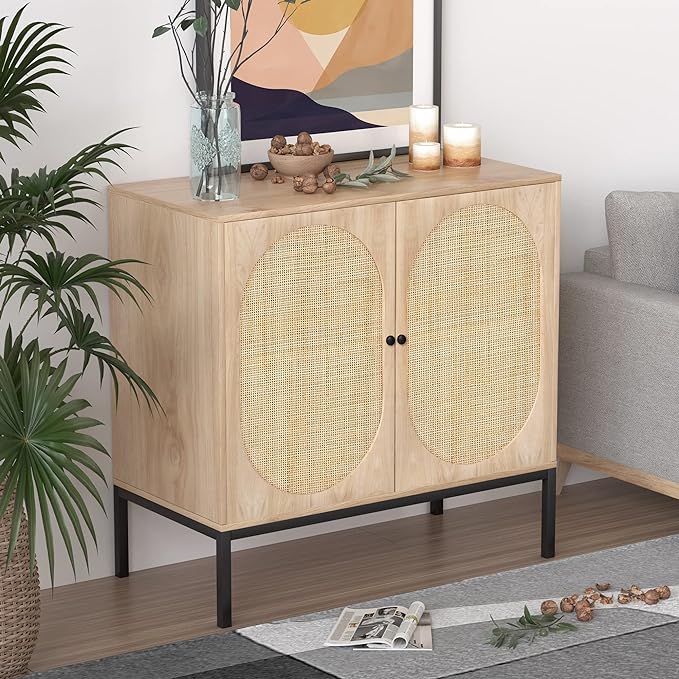 XIAO WEI Sideboard with Handmade Natural Rattan Doors, Rattan Cabinet Console Table Storage Cabinet Buffet Cabinet, for Kitchen, Living Room, Hallway, Entryway, Natural - LeafyLoom