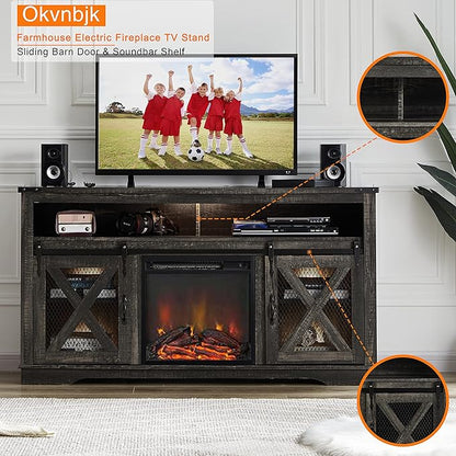 Okvnbjk Fireplace TV Stand for TVs up to 70", Entertainment Center with 18" Electric Fireplace, Farmhouse TV Stand Industrial Media Console with Sliding Barn Door for Living Room, 58 Inch, Dark Oak - LeafyLoom