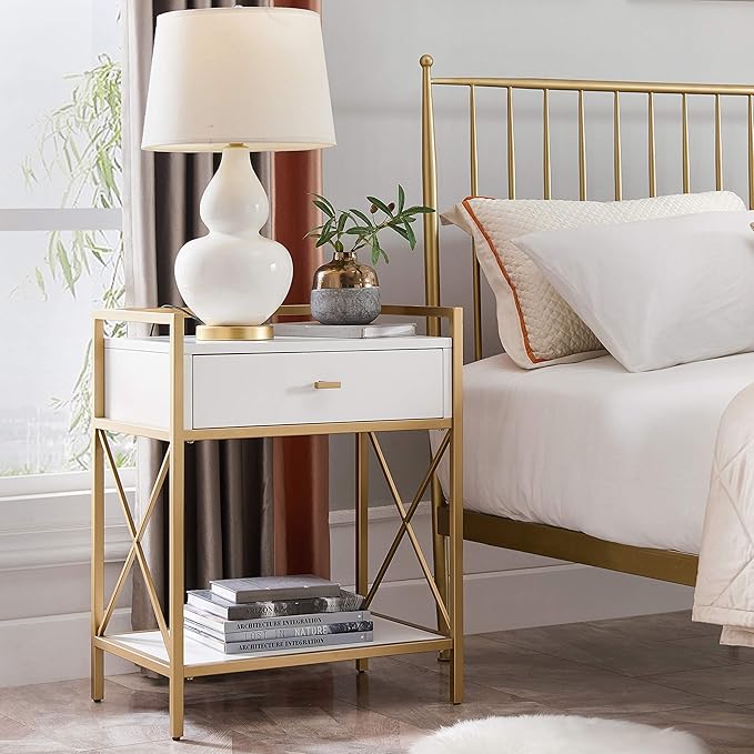 Leick Home 9069-WT Claudette Nightstand Side Table One Drawer Contemporary Fast Station A/C USB Charging Port Integrated Durable Solid Wood Metal Living Room Bedroom Office White/Gold, 24" x 18" x 30" - LeafyLoom