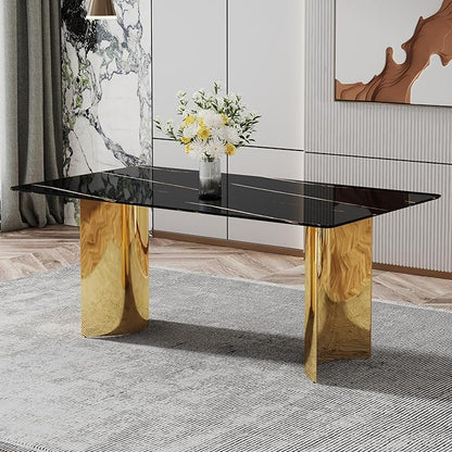 NicBex Modern Minimalist Dining Table The Black Patterned Glass Desktop is Equipped with Golden Metal Legs Suitable for Restaurants and Living Rooms, Black + Gold - LeafyLoom