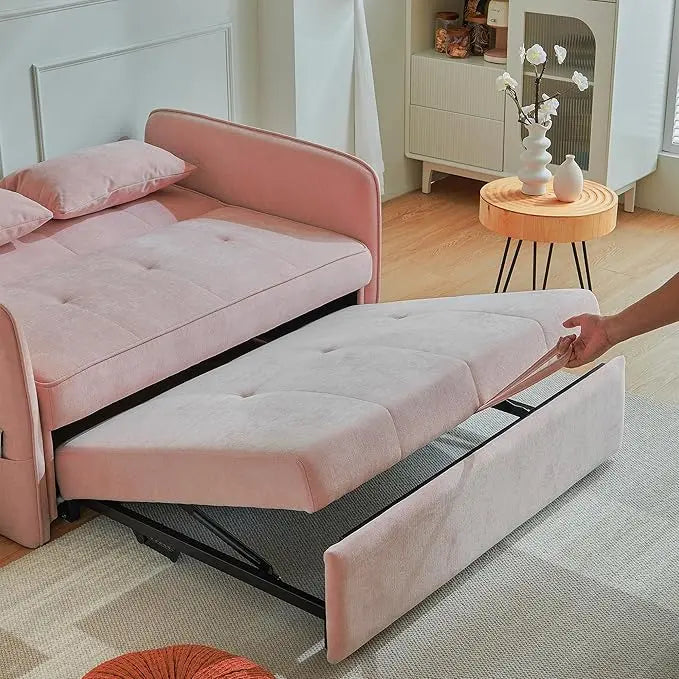 3-in-1 Multi-Functional Convertible Sofa, Chenille Sleeper Couch Pull-Out Bed, Loveseat Chaise Lounge with Adjustable Armrest and Reclining Backrest for Living Room, Small Space, Pink 53.5" - LeafyLoom