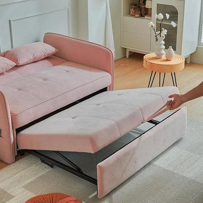 3-in-1 Multi-Functional Convertible Sofa, Chenille Sleeper Couch Pull-Out Bed, Loveseat Chaise Lounge with Adjustable Armrest and Reclining Backrest for Living Room, Small Space, Pink 53.5" - LeafyLoom