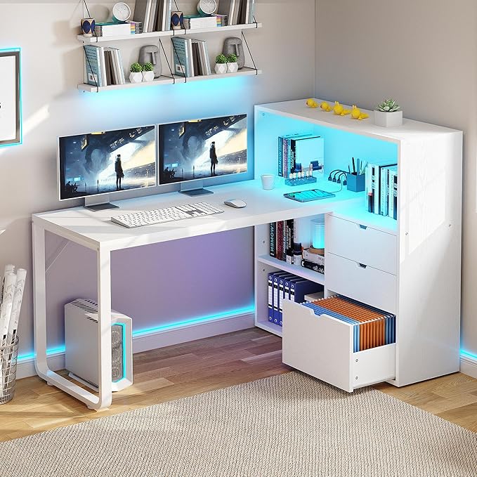 YITAHOME L Shaped Desk with Power Outlets & LED Lights & File Cabinet, 55" Corner Computer Desk with 3 Drawers & 3 Storage Shelves, Home Office Desk with Bookshelf, White - LeafyLoom