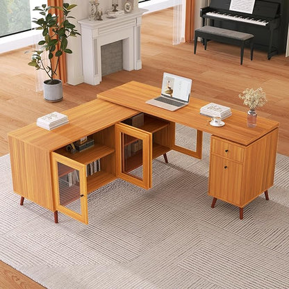 NicBex Laik-DW-00033-DX Desks, 66.53" W x 63.77" D x 30.31" H, Teak - LeafyLoom