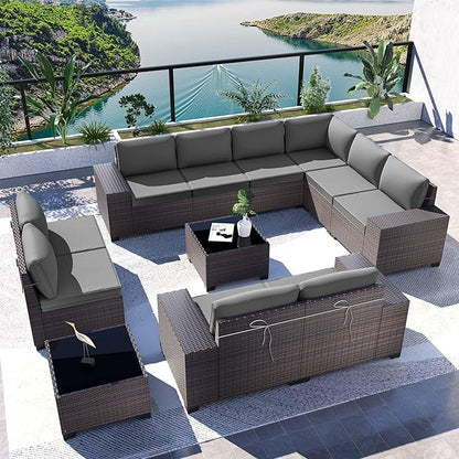 Kullavik 12PCS Outdoor Patio Furniture Set PE Wicker Rattan Sectional Sofa Patio Conversation Sets,Grey - LeafyLoom