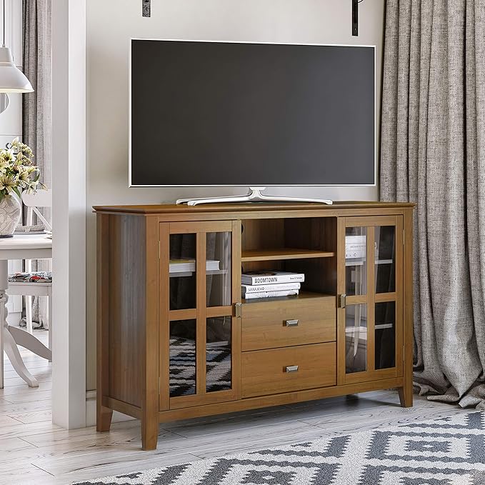 SIMPLIHOME Artisan SOLID WOOD Universal TV Media Stand, 53 inch Wide, Contemporary, Living Room Entertainment Center, Storage Shelves and Cabinets, for Flat Screen TVs up to 60 inches in Honey Brown - LeafyLoom