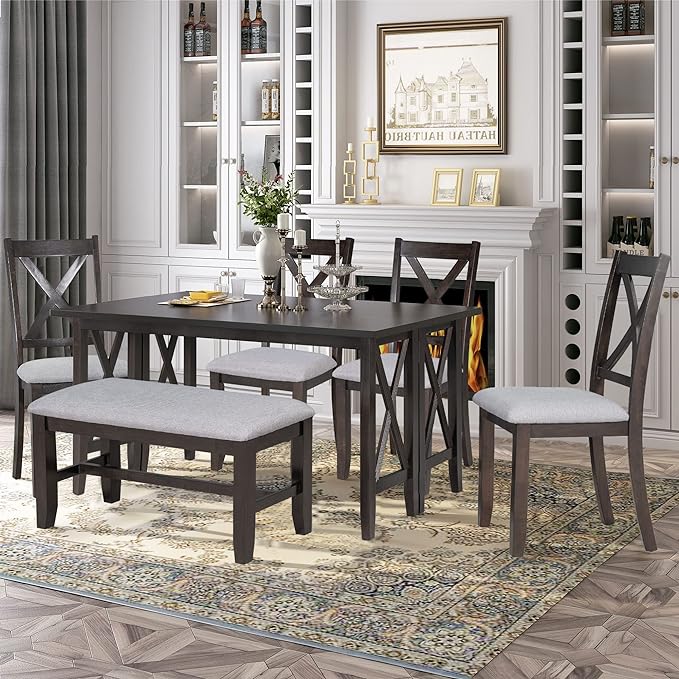 6-Piece Family Dining Set Solid Wood Space Saving Foldable Table and 4 Chairs with Bench, Easy to Assemble, for Living, Guest Room, Home Bar and Kitchen, Espresso - LeafyLoom