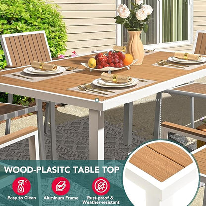 Pamapic 8-Piece Patio Dining Set，Outdoor Aluminum Furniture Set with Plastic-Wood Table Top,Outdoor Furniture Set with 6 Outdoor Stackable Chairs for Patio Garden Poolside (White) - LeafyLoom