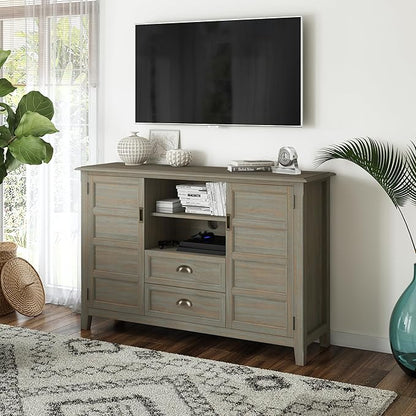 SIMPLIHOME Burlington SOLID WOOD Universal TV Media Stand, 54 inch Wide, Transitional, Living Room Entertainment Center, Storage Shelves and Cabinets, for TVs up to 60 inches in Distressed Grey - LeafyLoom