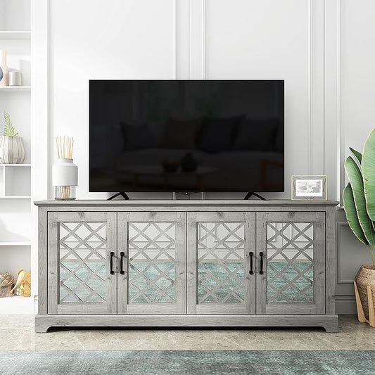 Galano Millicent TV Stand for up to 75 Inch TV, Farmhouse Entertainment Center with Mirror Doors & Storage Shelves, Rustic Media Console Cabinet for Living Room, Mexican Grey - LeafyLoom