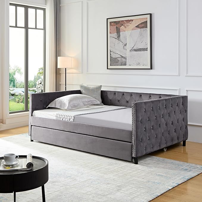 Full Size Velvet Upholstered Daybed with Trundle, Solid Wood Sofa Bed w/Button Tufted Backrest, for Living Room, Bedroom, Dorm, No Box Spring Needed, Space-Saving Design, Grey - LeafyLoom