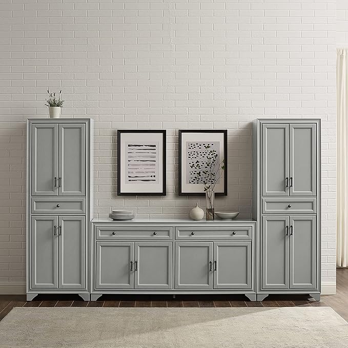 Crosley Furniture Tara 3-Piece Sideboard and Pantry Set, Distressed Gray - LeafyLoom