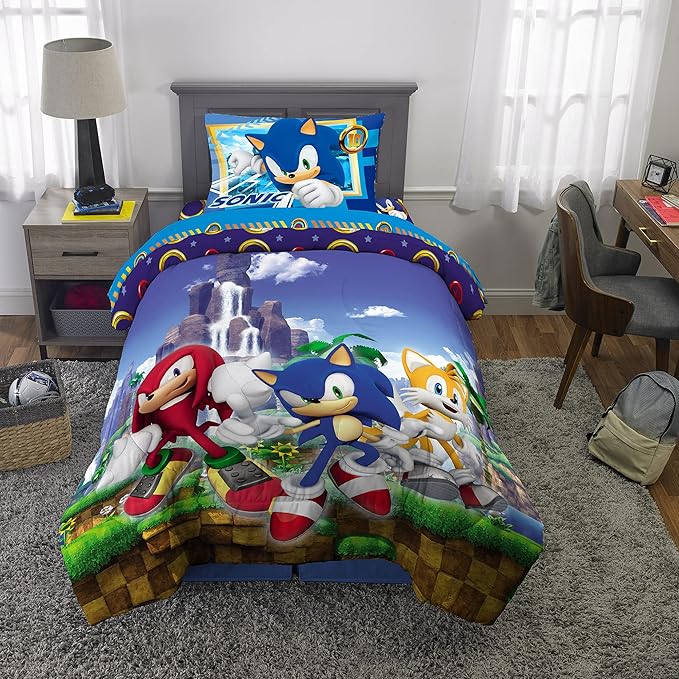 Franco Kids Bedding Super Soft Comforter and Sheet Set, 4 Piece Twin Size, Sonic The Hedgehog, Anime - LeafyLoom