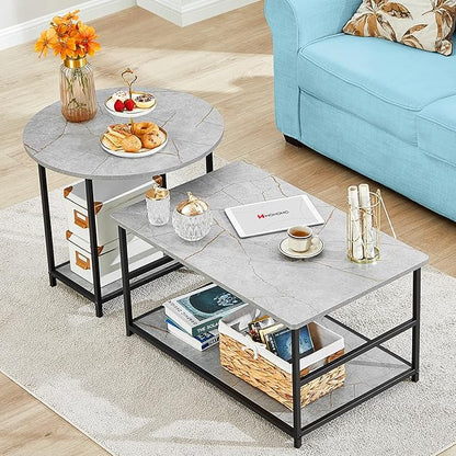 WOHOMO Coffee Table, Modern Style Coffee Tables for Living Room Marble Center Table with Storage 2 in 1Detachable Table Set,Grey Marble - LeafyLoom