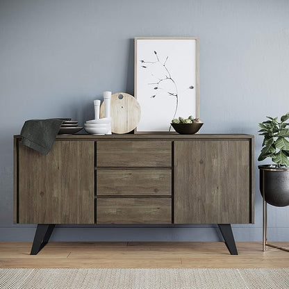 SIMPLIHOME Lowry SOLID ACACIA WOOD and Metal 60 Inch Wide Rectangle Modern Industrial Sideboard Buffet in Distressed Grey, For the Dining Room and Kitchen - LeafyLoom