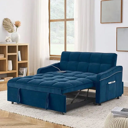 Tufted Convertible Futon Loveseat Pull Out Couch Bed 3 in 1 Velvet Upholstered Sleeper Sofa Recliner Love Seat Lounge Chaise Daybed with Adjustable Backrest Type C and USB Charging for Living Room - LeafyLoom