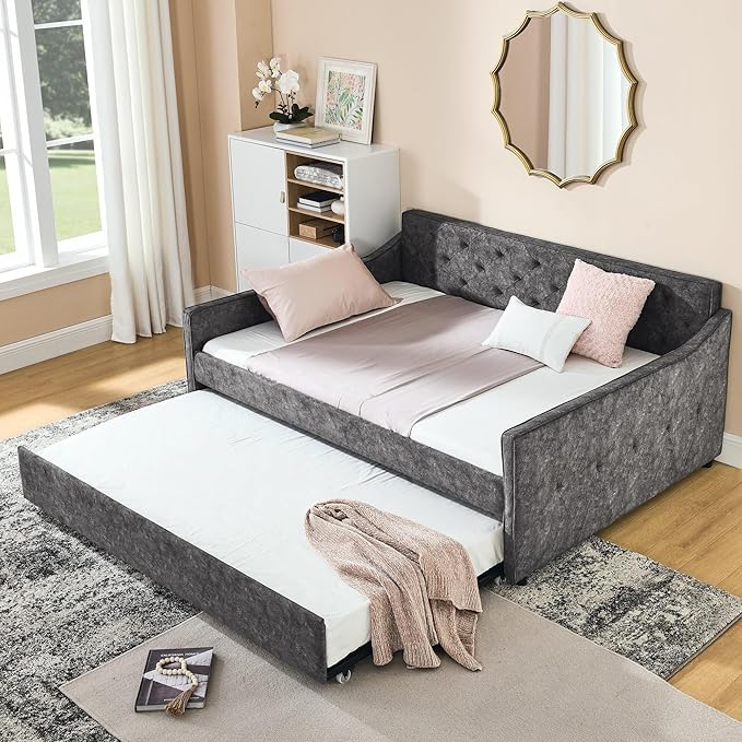 Full Upholstered Tufted Daybed with Twin Size Trundle, Pull Out Button on Back Bed, Waved Shape Arms, No Need Boxing Spring,for Bedroom, Living Room, Grey-3 - LeafyLoom