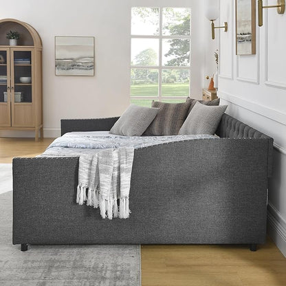 Queen Size Daybed with Two Storage Drawers, Linen Upholstered Tufted Sofa Bed w/Button on Back and Copper Nail on Waved Shape Arms, for Bedroom Living Room, No Box Spring Needed, Dark Grey - LeafyLoom