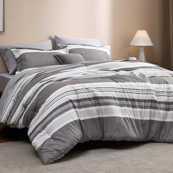 Bedsure Twin Comforter Set - 5 Pieces Grey White Striped Bedding Sets Twin Bed in A Bag with Comforters Twin Size, Sheets, Pillowcase & Sham, Bed Sets - LeafyLoom