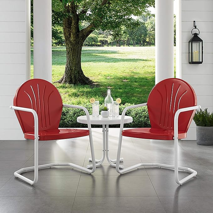 Crosley Furniture KO10004RE Griffith 3-Piece Retro Metal Outdoor Seating Set with Table and 2 Chairs, Red - LeafyLoom