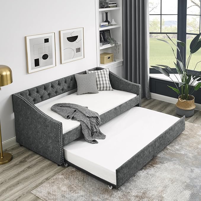 Twin Size Upholstered Daybed with Trundle, Wooden Sofa Bed w/Button Tufted Backrest and Waved Shape Arms, Space-Saving Design, No Box Spring Needed, for Living Room, Bedroom, Dorm, Grey - LeafyLoom