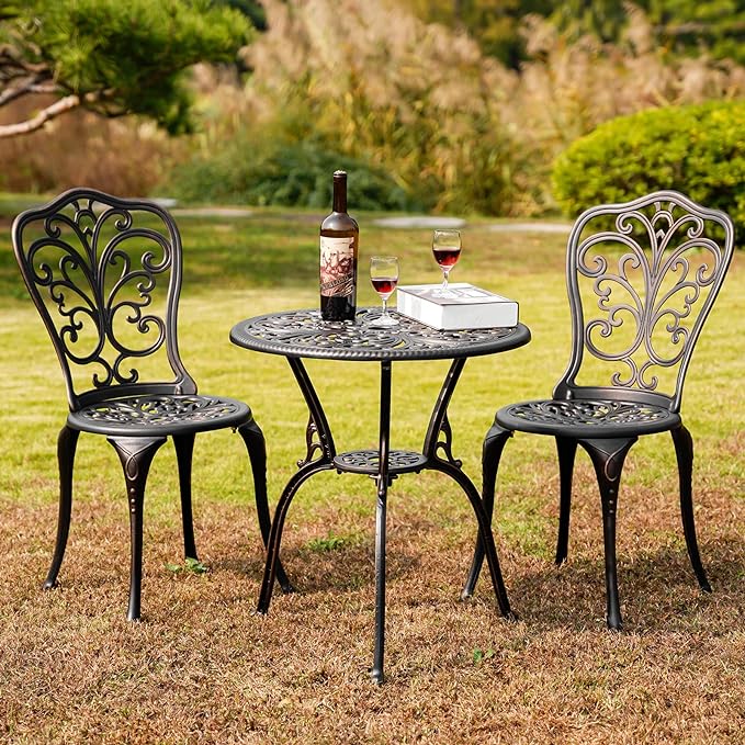 Outdoor Bistro Set 3 Piece Patio Bistro Set with Umbrella Hole, Weather Resistant Bistro Table and Chairs Set of 2 for Porch Garden, Bronze - LeafyLoom