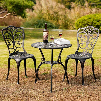 3 Piece Patio Set Metal Bistro Set,Cast Aluminum Outdoor Bistro Table and Chairs Set of 2 with Umbrella Hole,All Weather Patio Bistro Sets for Front Porch Set Garden,Backyard(Bronze) - LeafyLoom