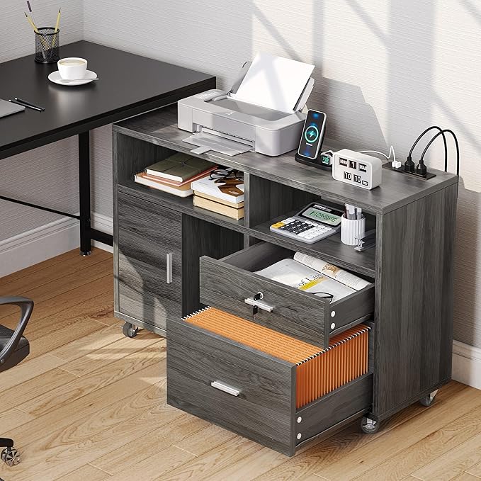 DWVO 2 Drawer File Cabinet with Charging Station, Mobile Filing Cabinet with Lock, Grey - LeafyLoom