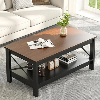 YITAHOME Coffee Table for Living Room,Modern Farmhouse Coffee Table with Storage,2-Tier Center Table for Living Room Wood Living Room Table Accent Cocktail with Sturdy Frame,Brown and Black - LeafyLoom