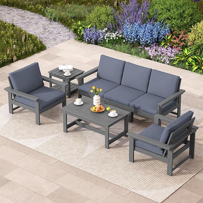 SERWALL HDPE Patio Coversation Set, 7-piece Outdoor Sectional Sofa Set, All Weather Patio Couch Set Patio Furniture for Balcony, Deck, Grey Frame with Grey Cushion - LeafyLoom