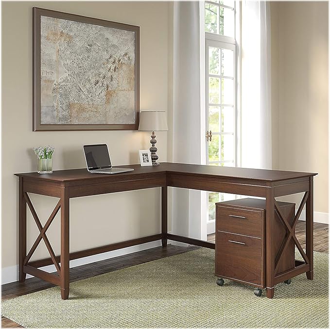 Bush Furniture Key West 60W L Shaped Desk with 2 Drawer Mobile File Cabinet in Bing Cherry - LeafyLoom