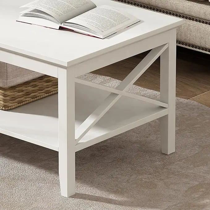 ChooChoo White Coffee Table Classic X Design for Living Room, Rectangular Modern Cocktail Table with Storage Shelf, 47 Inch - LeafyLoom