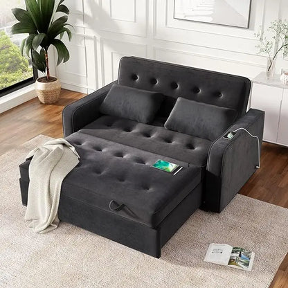 3 in 1 Multi-Functional Pull Out Sofa Bed , Velvet Upholstered Convertible Sleeper Loveseat Couch Guest Daybed with Adjustable Backrest and Dual USB Charging Port for Living Room Office RV Furniture - LeafyLoom