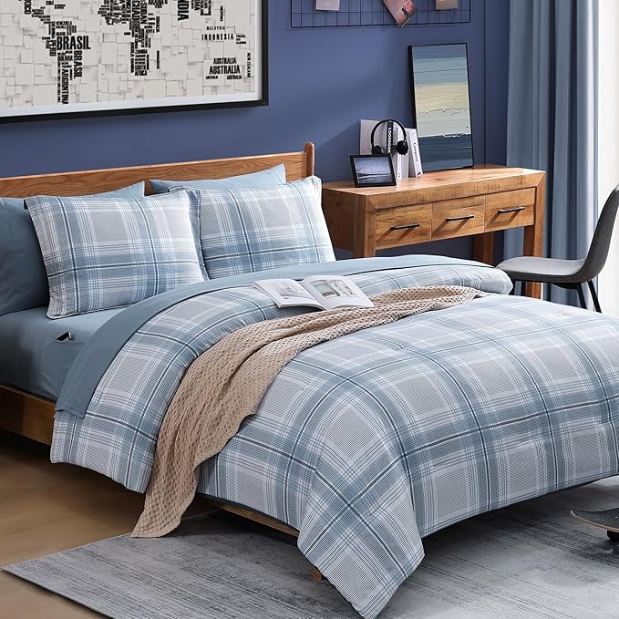 Light Blue Bedding Sets Full, Plaid Full Size Comforter Sets for Boys & Girls,Classic Homestead-style Comforter Full Size with Full Size Bed Sheets and Comforter Set - LeafyLoom