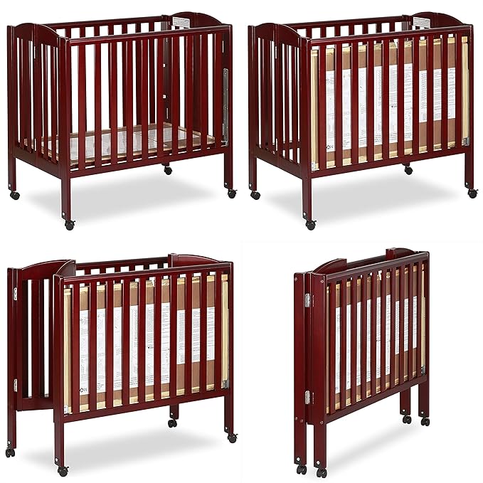 Dream On Me 3 in 1 Portable Folding Stationary Side Crib in Cherry, Greenguard Gold Certified, Safety Wheel with Locking Casters, Convertible, 3 Mattress Heights - LeafyLoom