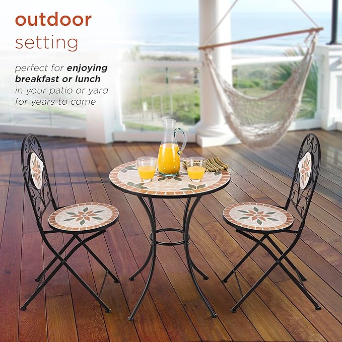 Alpine Corporation Indoor/Outdoor 3-Piece Mosaic Bistro Set Folding Table and Chairs Patio Seating, Tan - LeafyLoom