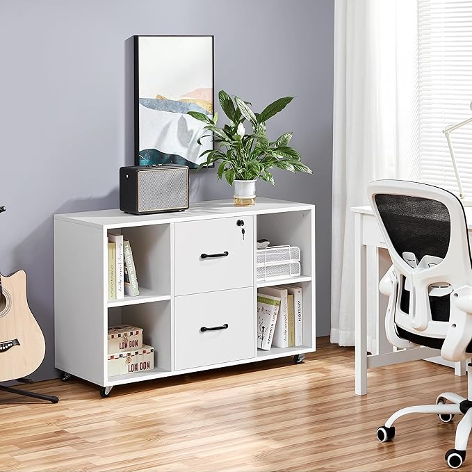 Yaheetech White File Cabinet Mobile Letter Size File Cabinet with 2 Drawers and 4 Open Storage Shelves Large Mobile Lateral Filing Cabinet Printer Stand for Home and Office - LeafyLoom