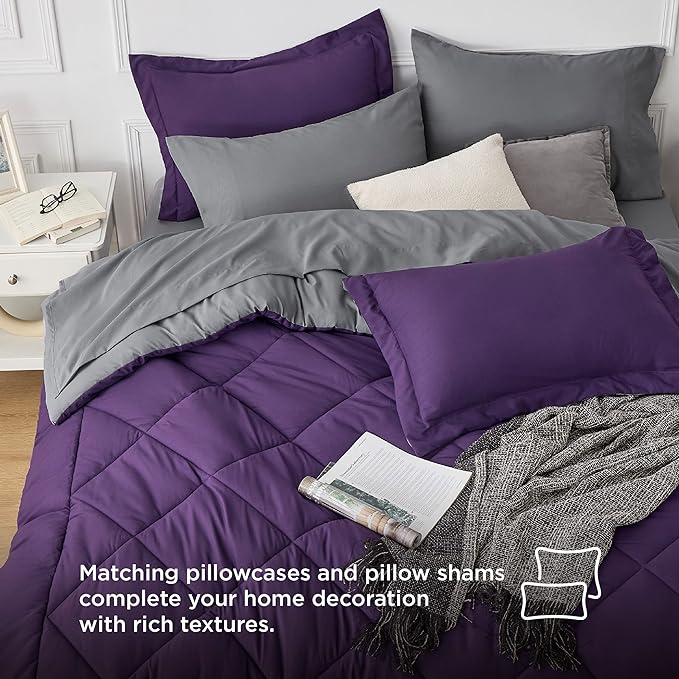 Bedsure Purple California King Comforter Set - 7 Pieces Reversible Bed Set Bed in a Bag California King with Comforters, Sheets, Pillowcases & Shams, California King Bedding Sets - LeafyLoom