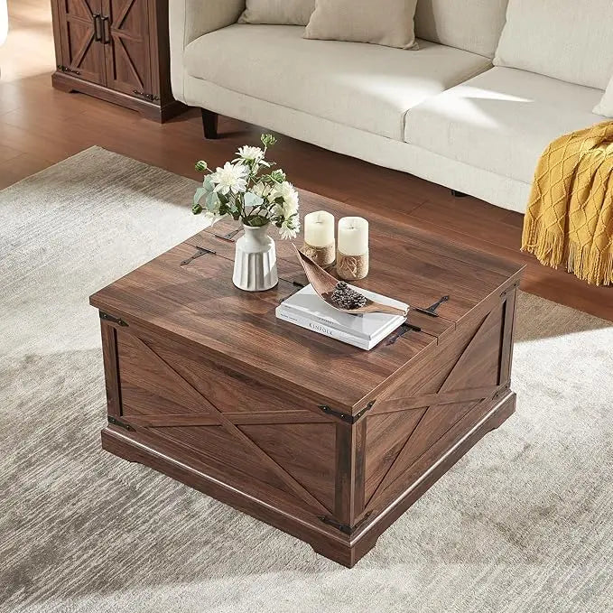 Farmhouse Square Coffee Table with Storage, Wood Center Table with Hinged Lift Top, Rustic Cocktail Table with Large Hidden Storage Compartment for Living Room, Bedroom,Brown - LeafyLoom