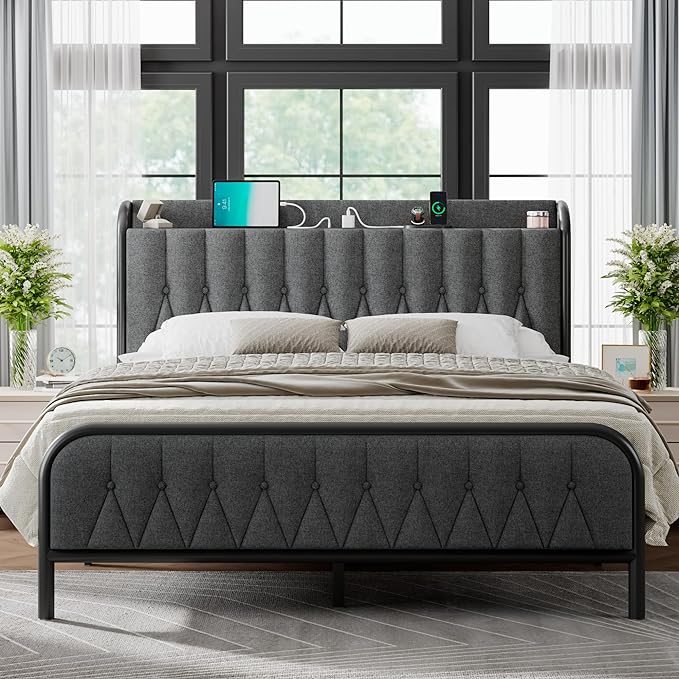 Feonase Full Bed Frame with Type-C & USB Port, Metal Platform Beds, with Linen Upholstered Headboard & Footboard, 12" Underbed Storage Space, Easy Assembly, Noise-Free, Dark Gray - LeafyLoom