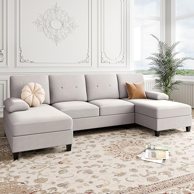 Shintenchi Sectional Couches for Living Room, U Shaped Sofa Couch with Double Chaise, 4-Seat Living Room Furniture Sets with Soft Cushion & Linen Fabric, Creamy White - LeafyLoom