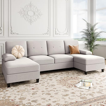 Shintenchi Sectional Couches for Living Room, U Shaped Sofa Couch with Double Chaise, 4-Seat Living Room Furniture Sets with Soft Cushion & Linen Fabric, Creamy White - LeafyLoom